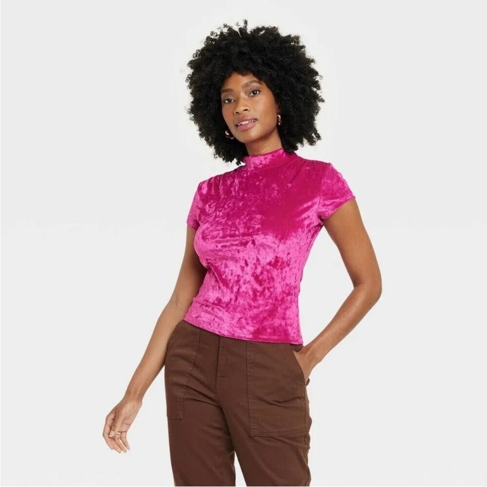 Women's Short Sleeve Slim Fit Mock Turtleneck Velvet T-Shirt - A New Day Pink S